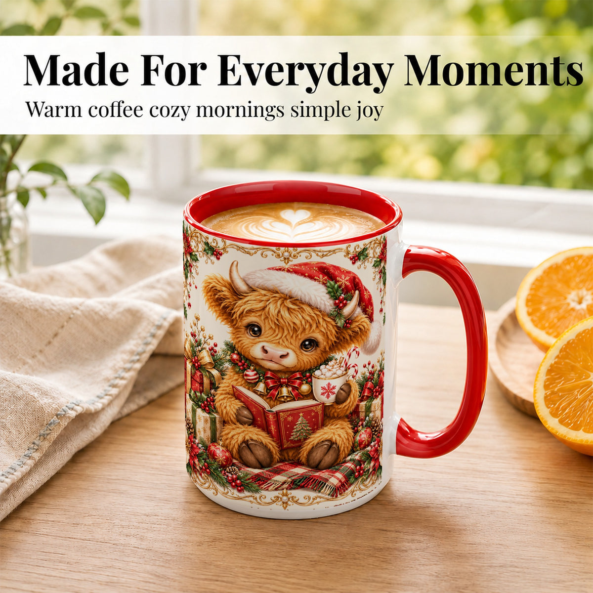 #pl[15oz|Red] Christmas Reading Cow Coffee Mug, Cozy Holiday Mug, Ceramic Cup