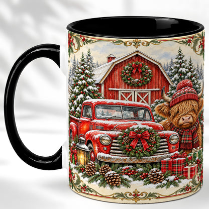 #pl[11oz|Black] Highland Cow Christmas Coffee Mug, Farmhouse Holiday Mug, Ceramic Cup