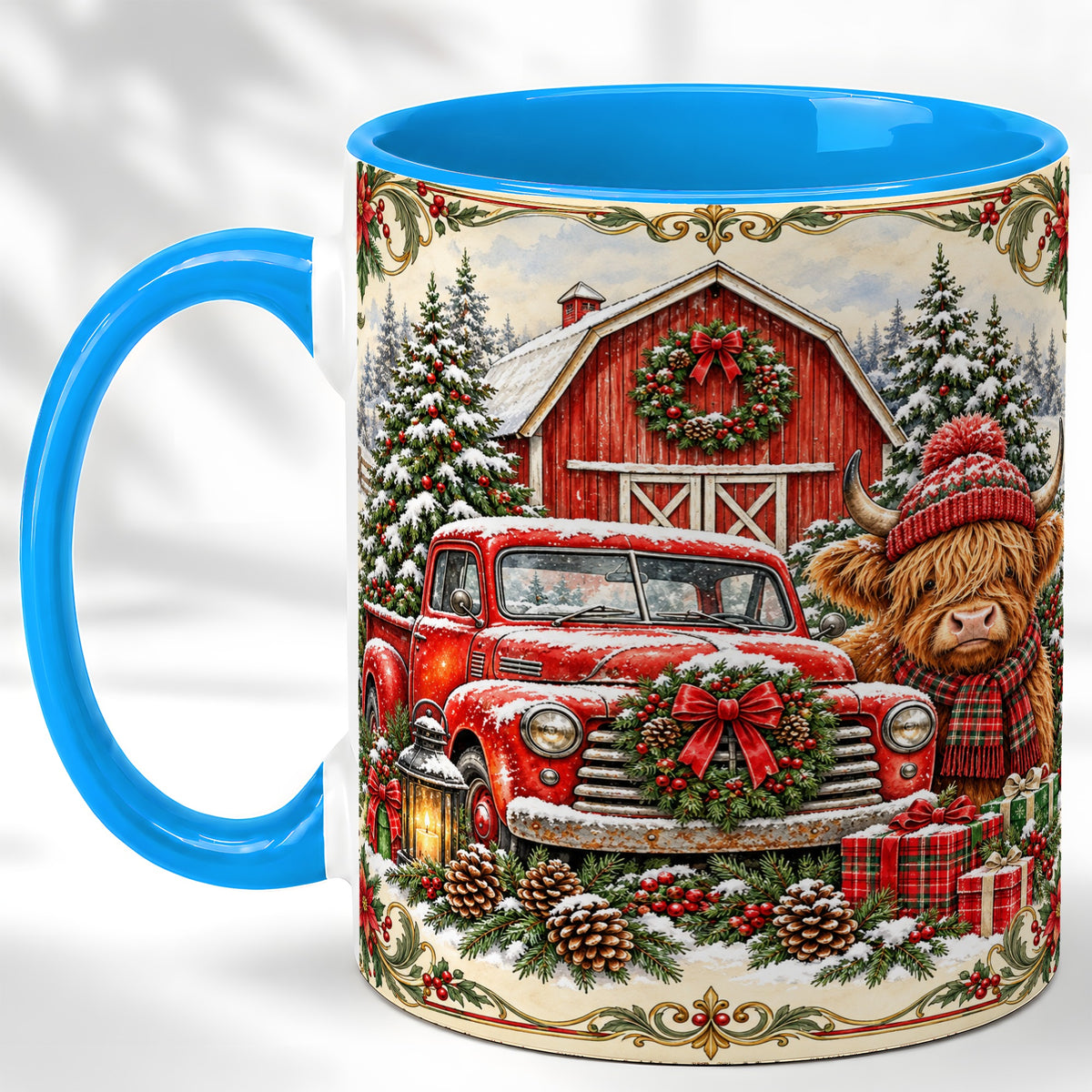 #pl[11oz|Blue] Highland Cow Christmas Coffee Mug, Farmhouse Holiday Mug, Ceramic Cup