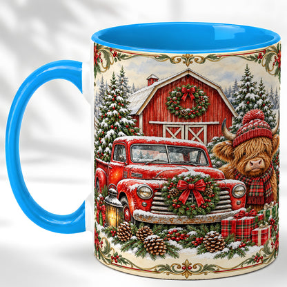 #pl[11oz|Blue] Highland Cow Christmas Coffee Mug, Farmhouse Holiday Mug, Ceramic Cup