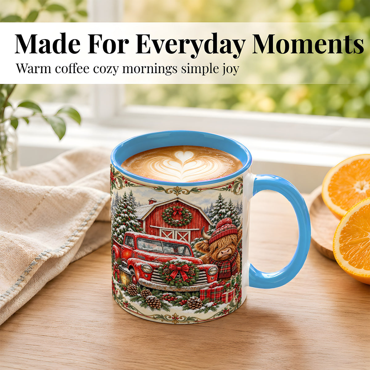 #pl[11oz|Blue] Highland Cow Christmas Coffee Mug, Farmhouse Holiday Mug, Ceramic Cup