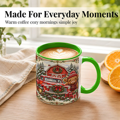 #pl[11oz|Green] Highland Cow Christmas Coffee Mug, Farmhouse Holiday Mug, Ceramic Cup