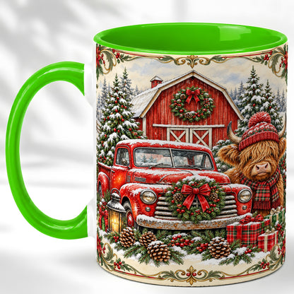 #pl[11oz|Green] Highland Cow Christmas Coffee Mug, Farmhouse Holiday Mug, Ceramic Cup