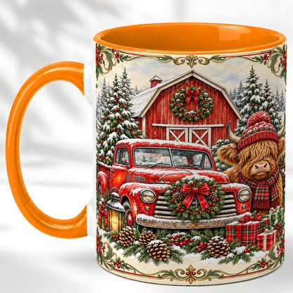 #pl[11oz|Orange] Highland Cow Christmas Coffee Mug, Farmhouse Holiday Mug, Ceramic Cup