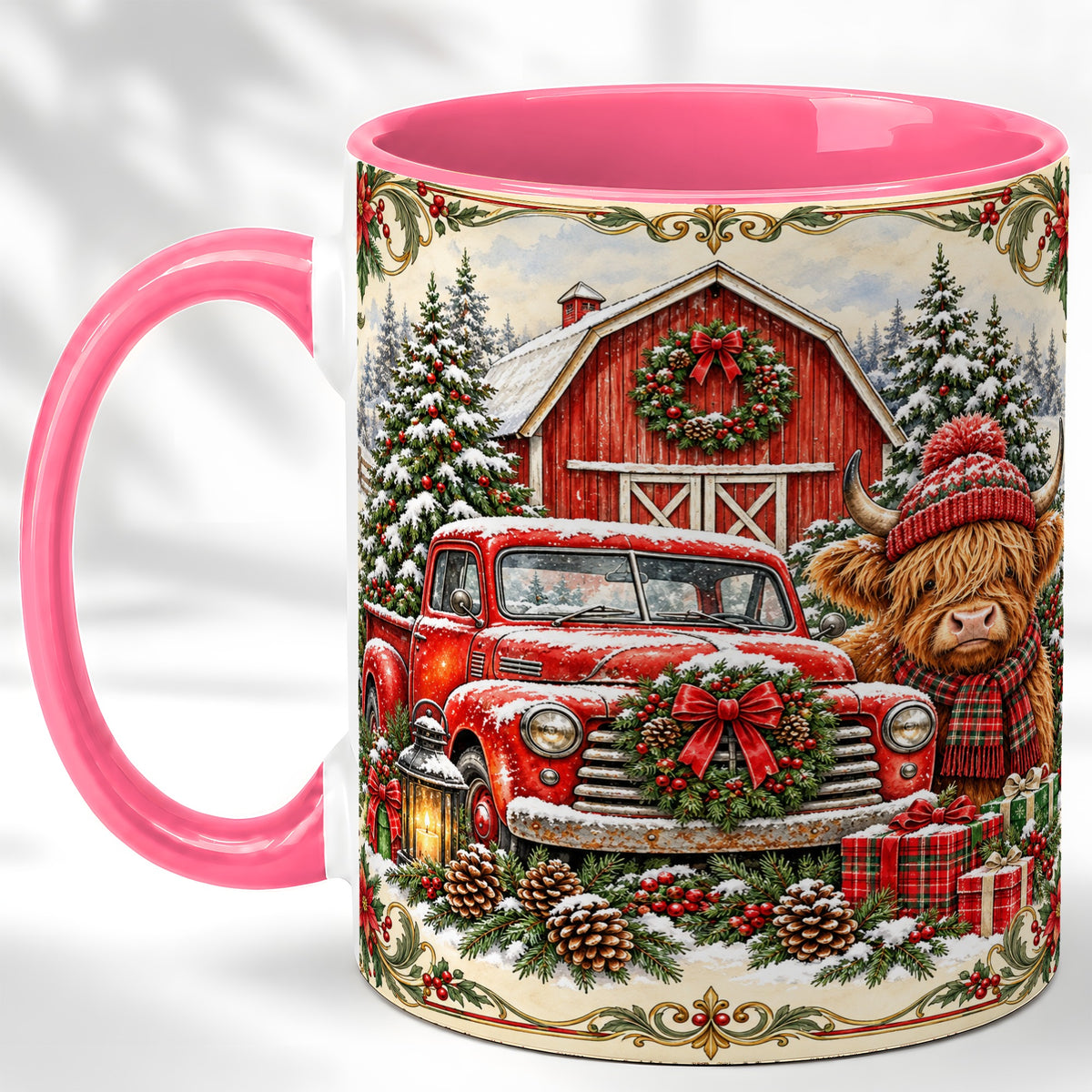 #pl[11oz|Pink] Highland Cow Christmas Coffee Mug, Farmhouse Holiday Mug, Ceramic Cup