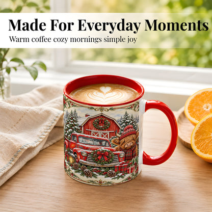 #pl[11oz|Red] Highland Cow Christmas Coffee Mug, Farmhouse Holiday Mug, Ceramic Cup