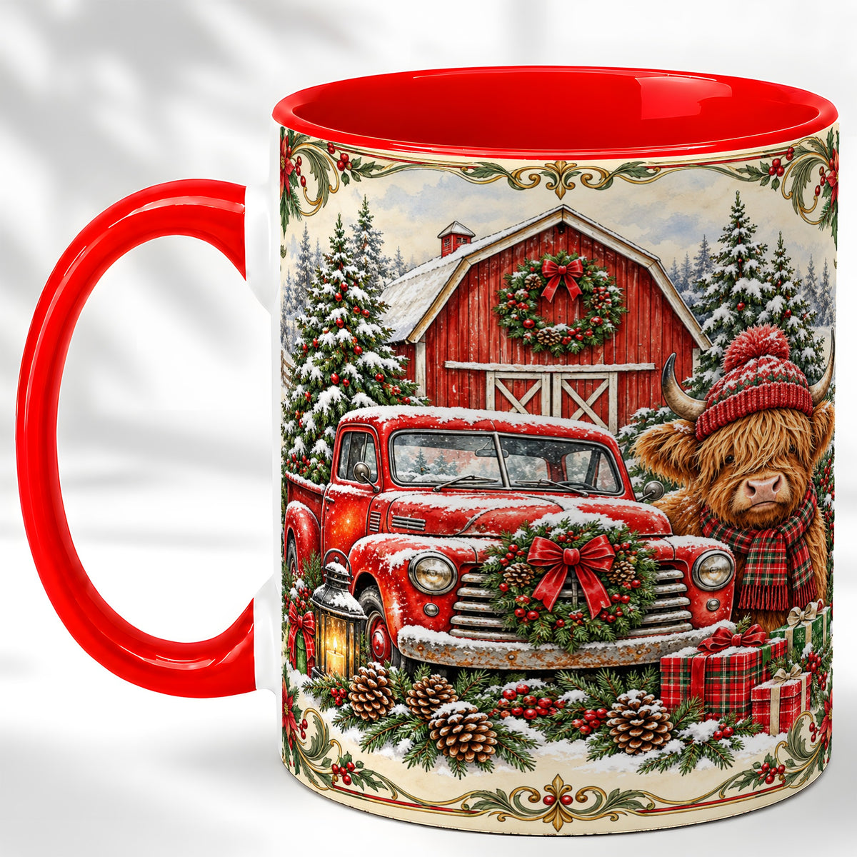 Highland Cow Christmas Coffee Mug, Farmhouse Holiday Mug, Ceramic Cup
