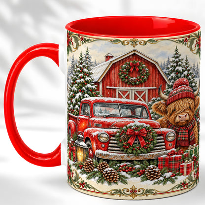 Highland Cow Christmas Coffee Mug, Farmhouse Holiday Mug, Ceramic Cup