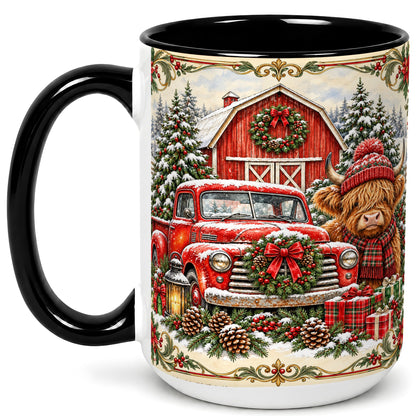 #pl[15oz|Black] Highland Cow Christmas Coffee Mug, Farmhouse Holiday Mug, Ceramic Cup