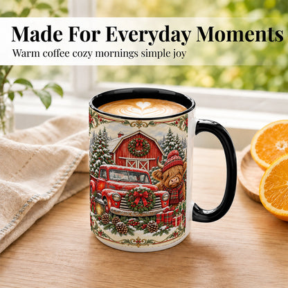 #pl[15oz|Black] Highland Cow Christmas Coffee Mug, Farmhouse Holiday Mug, Ceramic Cup