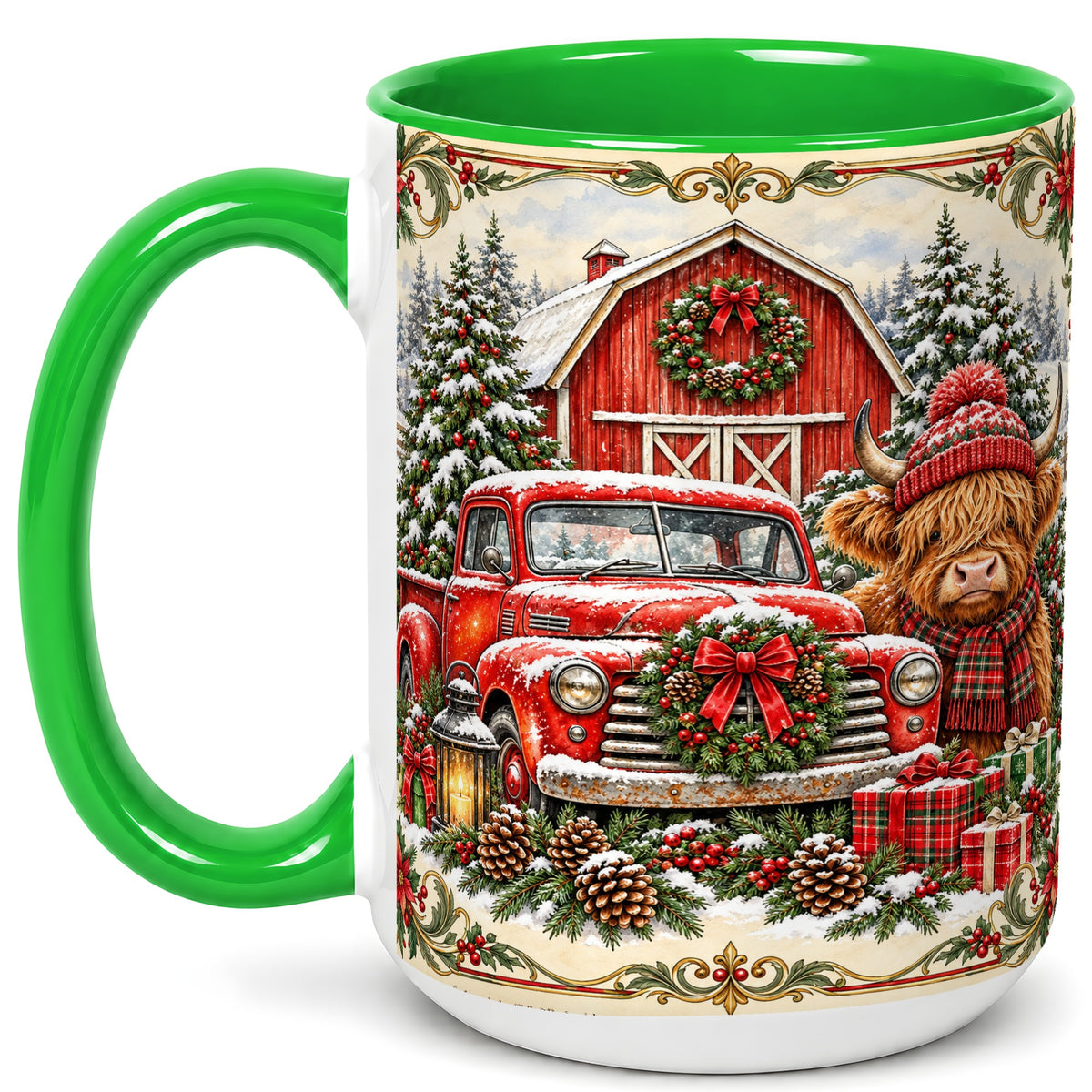 #pl[15oz|Green] Highland Cow Christmas Coffee Mug, Farmhouse Holiday Mug, Ceramic Cup
