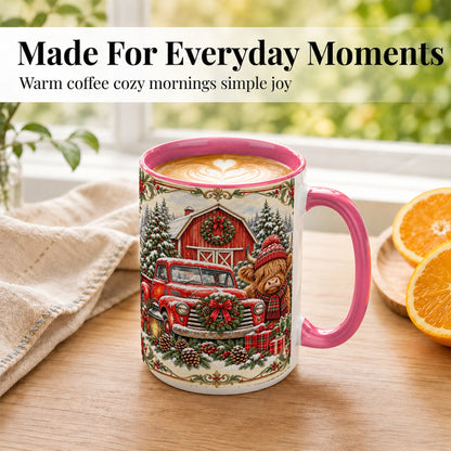 #pl[15oz|Pink] Highland Cow Christmas Coffee Mug, Farmhouse Holiday Mug, Ceramic Cup
