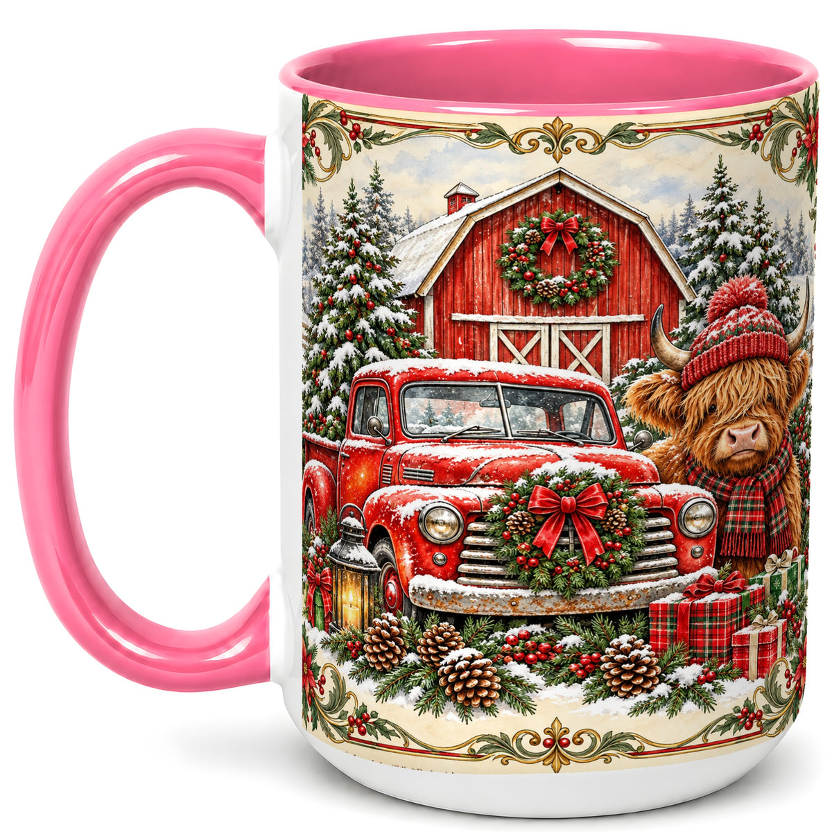 #pl[15oz|Pink] Highland Cow Christmas Coffee Mug, Farmhouse Holiday Mug, Ceramic Cup