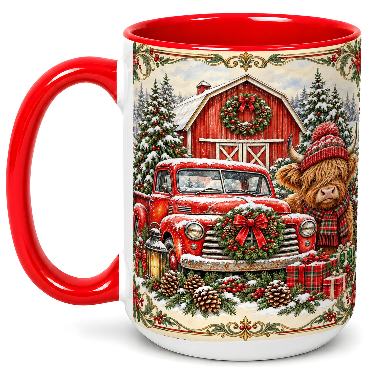 #pl[15oz|Red] Highland Cow Christmas Coffee Mug, Farmhouse Holiday Mug, Ceramic Cup