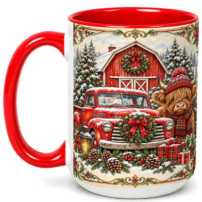 #pl[15oz|Red] Highland Cow Christmas Coffee Mug, Farmhouse Holiday Mug, Ceramic Cup