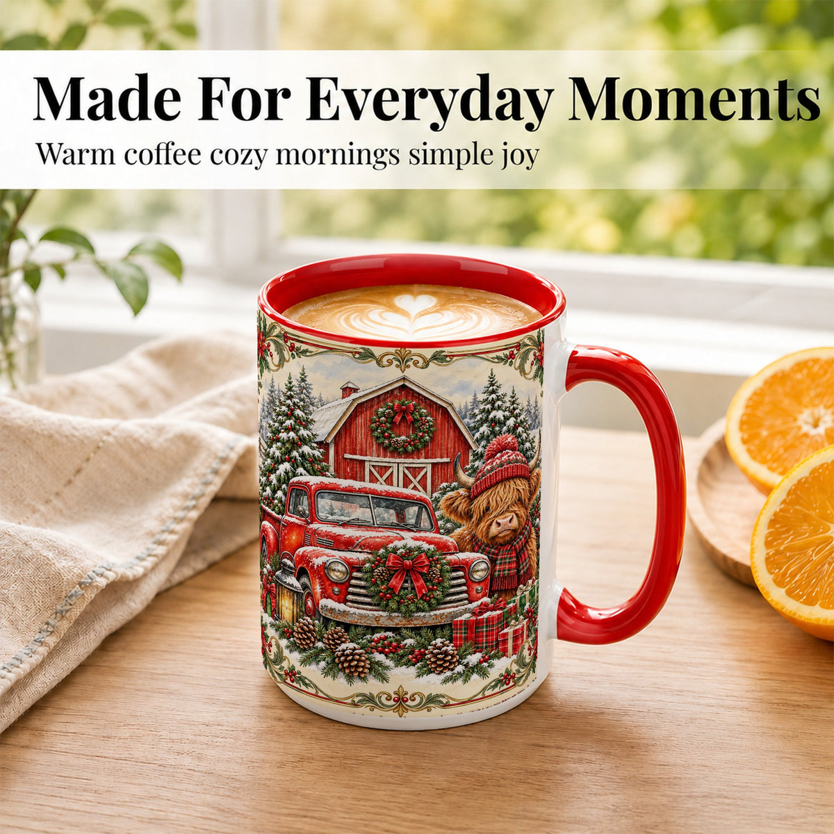#pl[15oz|Red] Highland Cow Christmas Coffee Mug, Farmhouse Holiday Mug, Ceramic Cup
