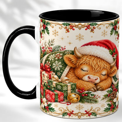 #pl[11oz|Black] Sleeping Highland Cow Coffee Mug, Cozy Christmas Mug, Ceramic Cup
