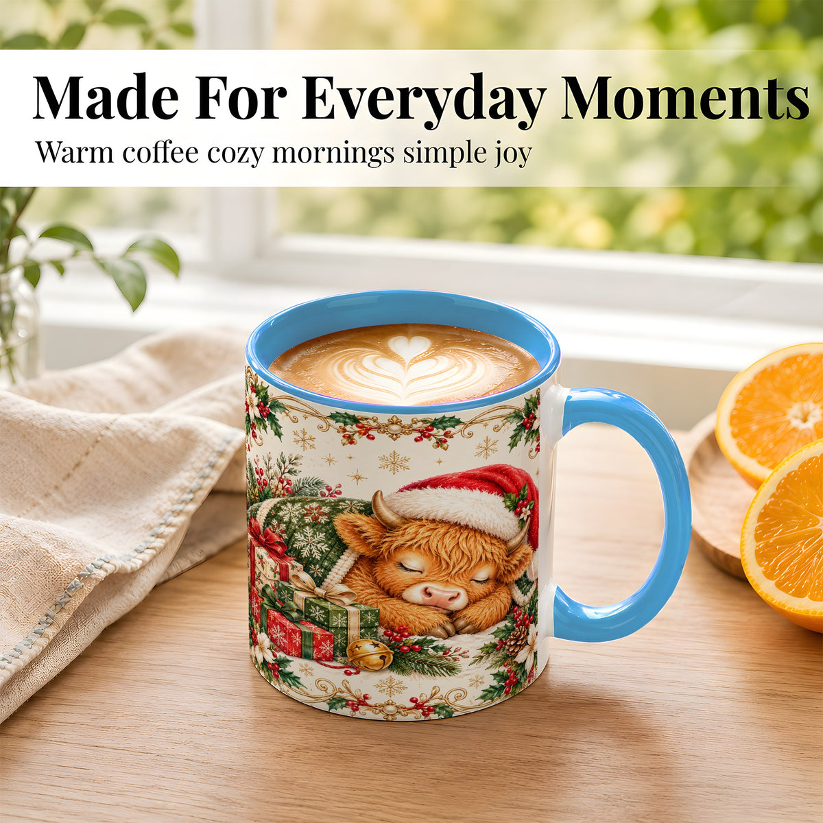 #pl[11oz|Blue] Sleeping Highland Cow Coffee Mug, Cozy Christmas Mug, Ceramic Cup