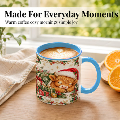 #pl[11oz|Blue] Sleeping Highland Cow Coffee Mug, Cozy Christmas Mug, Ceramic Cup