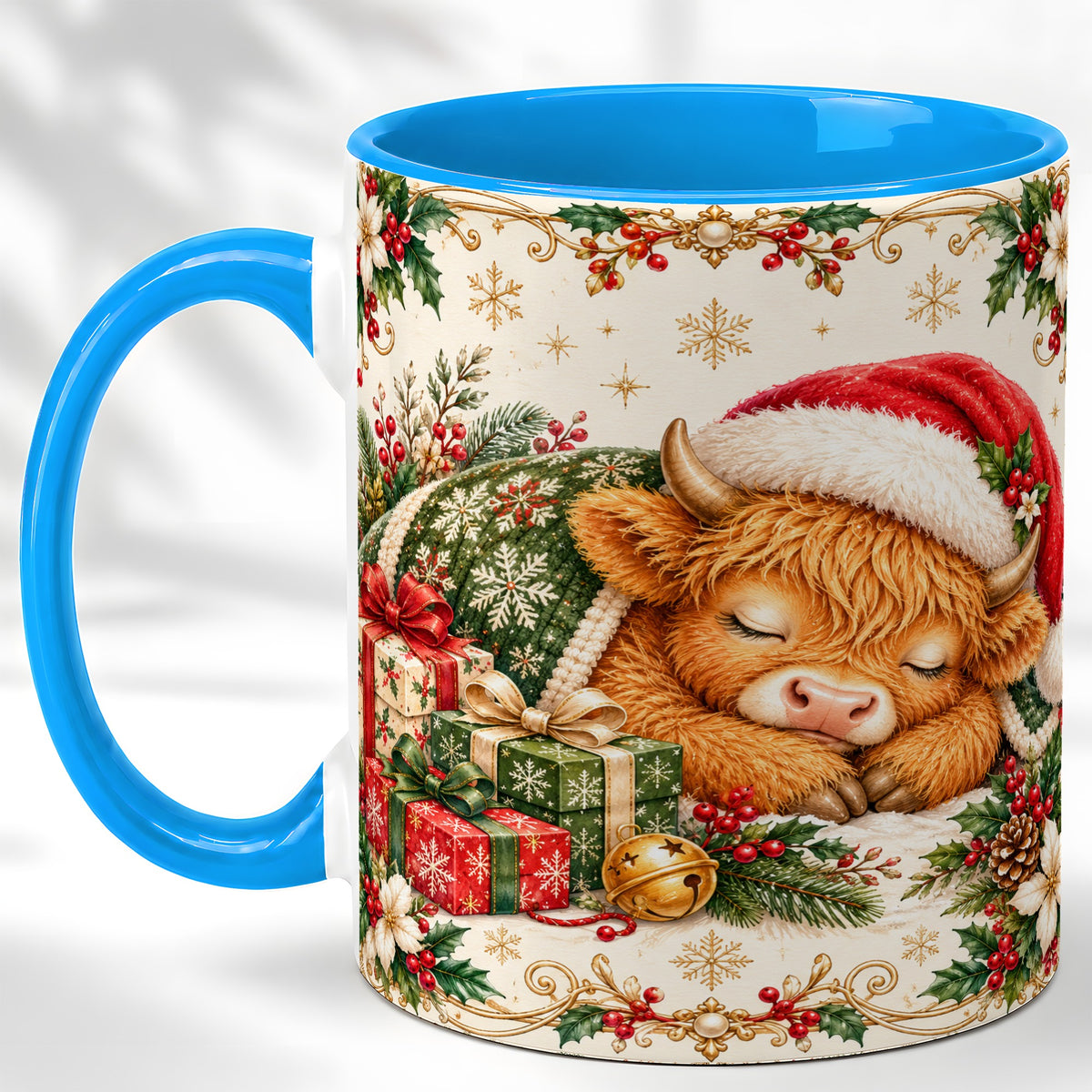 #pl[11oz|Blue] Sleeping Highland Cow Coffee Mug, Cozy Christmas Mug, Ceramic Cup