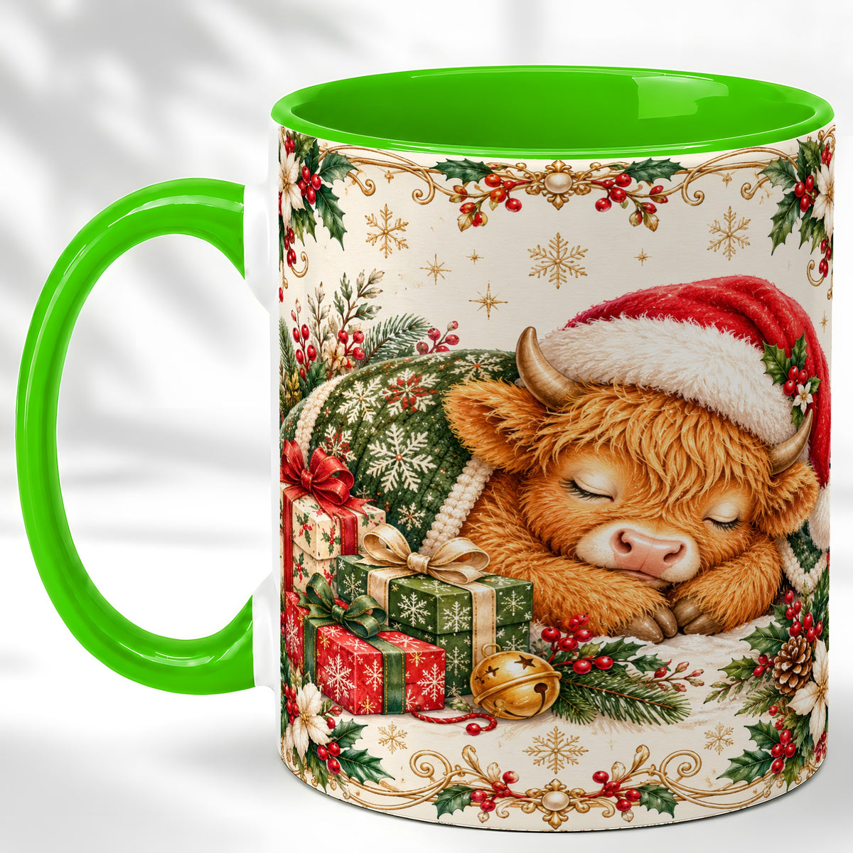 #pl[11oz|Green] Sleeping Highland Cow Coffee Mug, Cozy Christmas Mug, Ceramic Cup