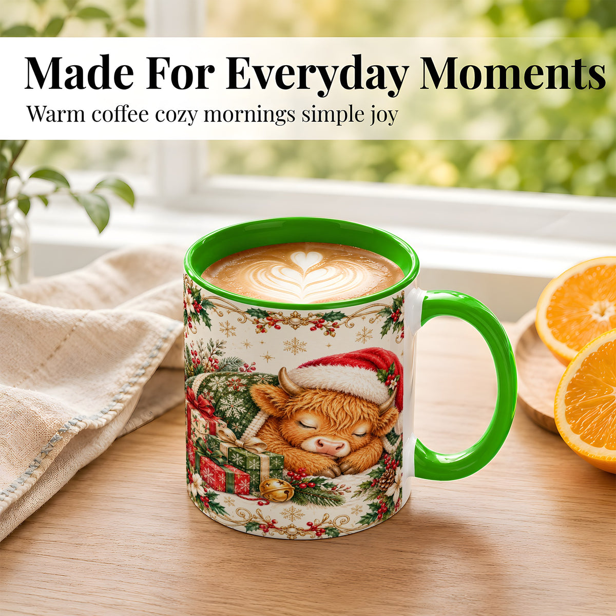 #pl[11oz|Green] Sleeping Highland Cow Coffee Mug, Cozy Christmas Mug, Ceramic Cup