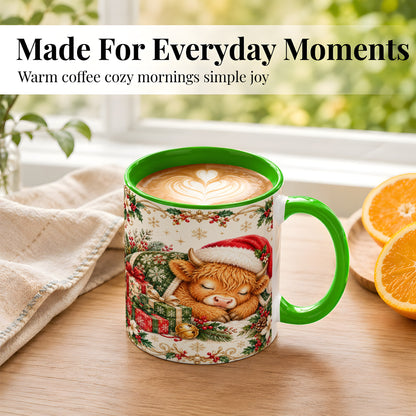 #pl[11oz|Green] Sleeping Highland Cow Coffee Mug, Cozy Christmas Mug, Ceramic Cup
