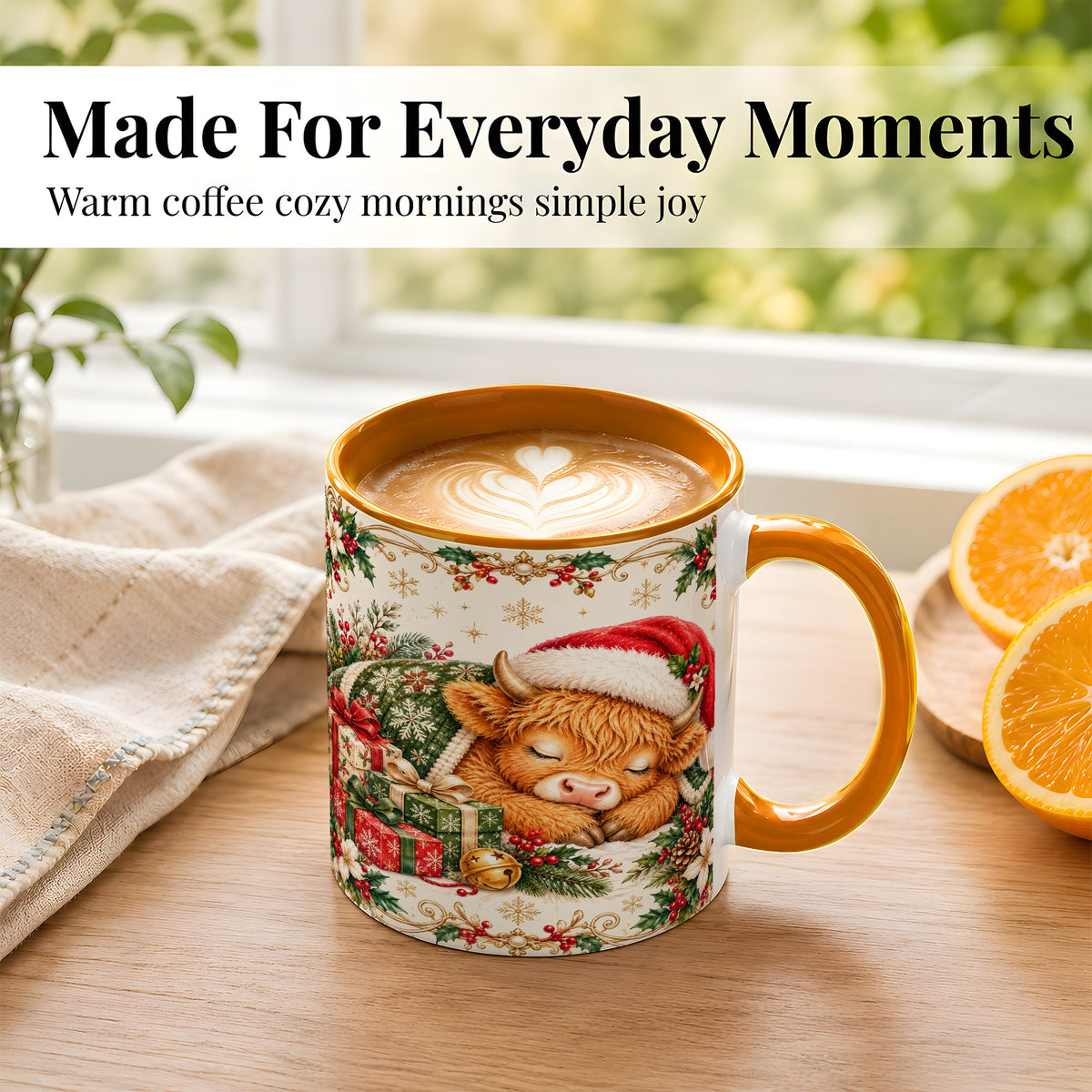 #pl[11oz|Orange] Sleeping Highland Cow Coffee Mug, Cozy Christmas Mug, Ceramic Cup