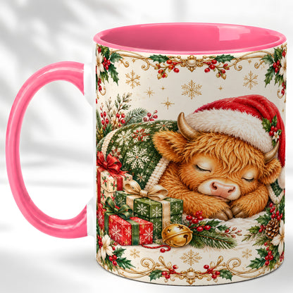 #pl[11oz|Pink] Sleeping Highland Cow Coffee Mug, Cozy Christmas Mug, Ceramic Cup
