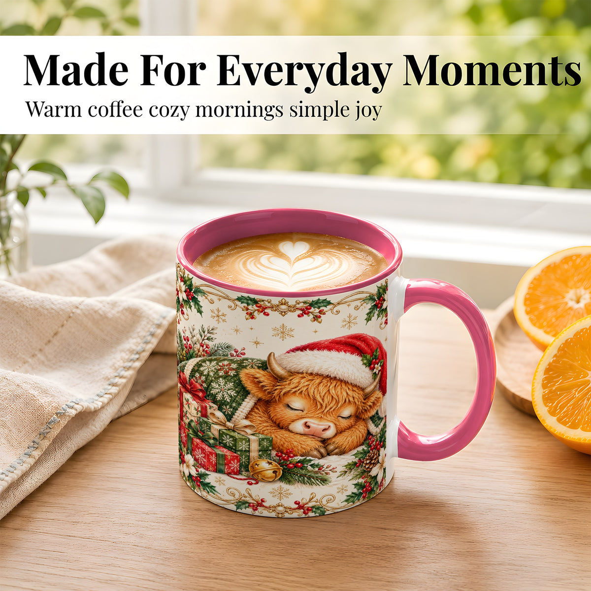 #pl[11oz|Pink] Sleeping Highland Cow Coffee Mug, Cozy Christmas Mug, Ceramic Cup