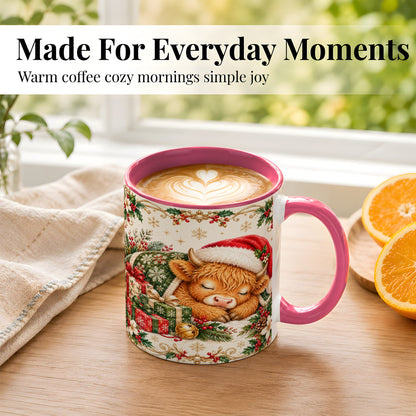 #pl[11oz|Pink] Sleeping Highland Cow Coffee Mug, Cozy Christmas Mug, Ceramic Cup