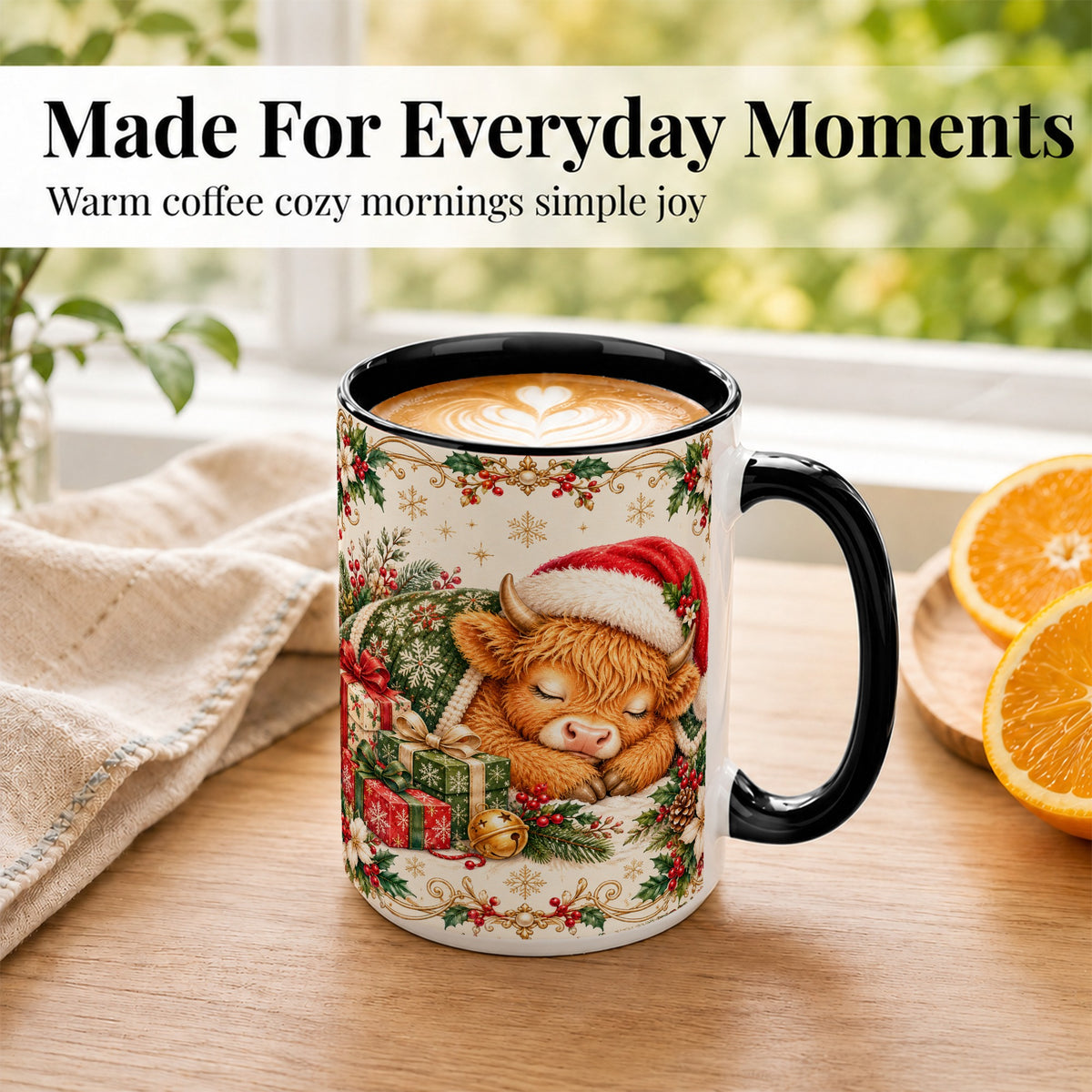 #pl[15oz|Black] Sleeping Highland Cow Coffee Mug, Cozy Christmas Mug, Ceramic Cup