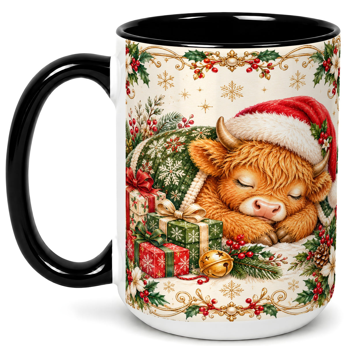 #pl[15oz|Black] Sleeping Highland Cow Coffee Mug, Cozy Christmas Mug, Ceramic Cup