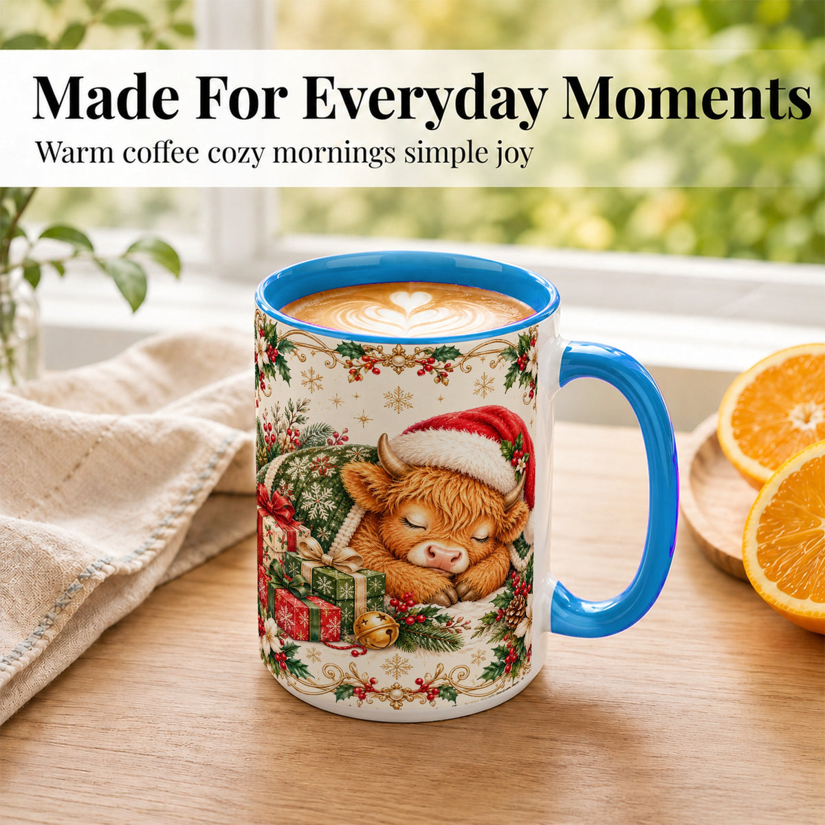 #pl[15oz|Blue] Sleeping Highland Cow Coffee Mug, Cozy Christmas Mug, Ceramic Cup