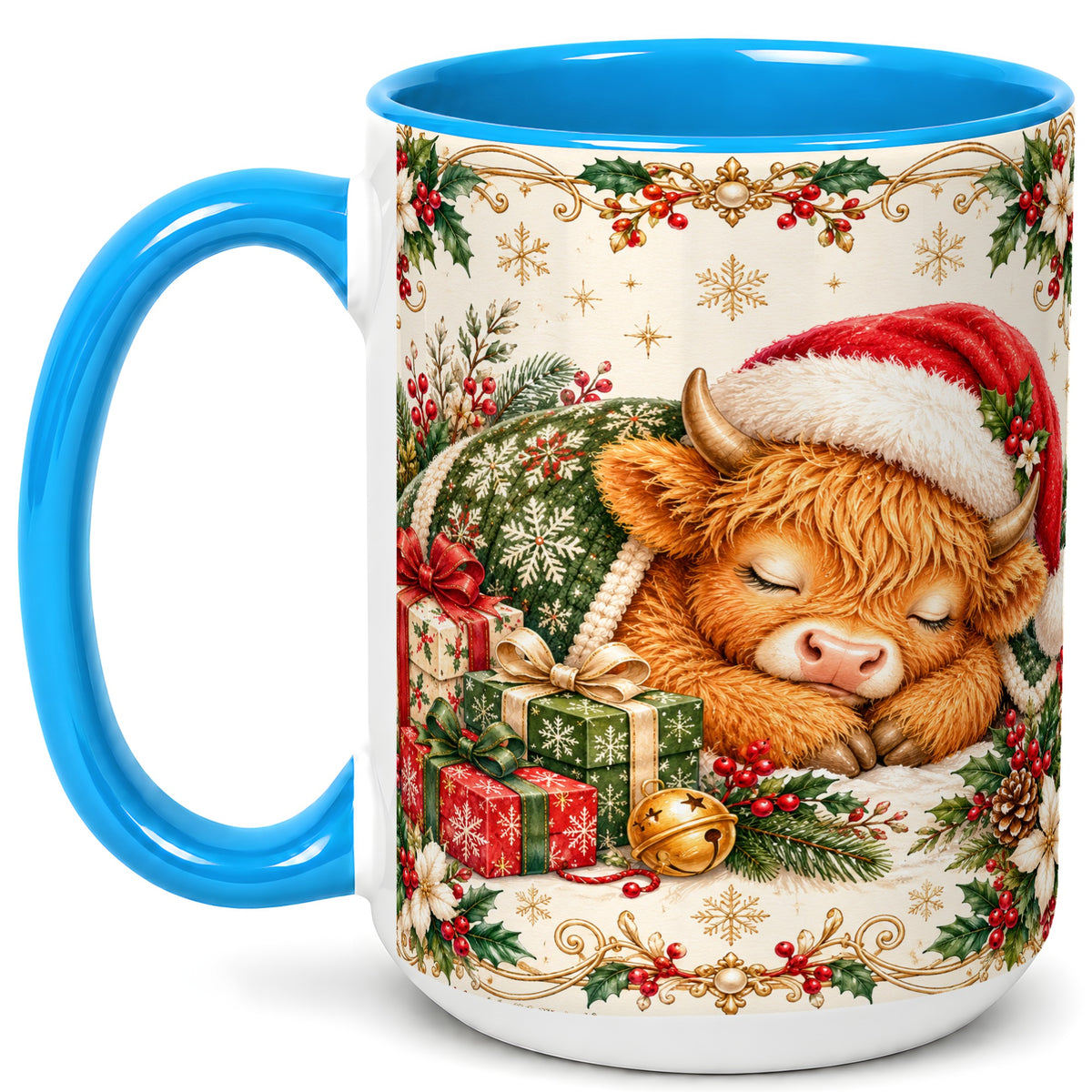 #pl[15oz|Blue] Sleeping Highland Cow Coffee Mug, Cozy Christmas Mug, Ceramic Cup