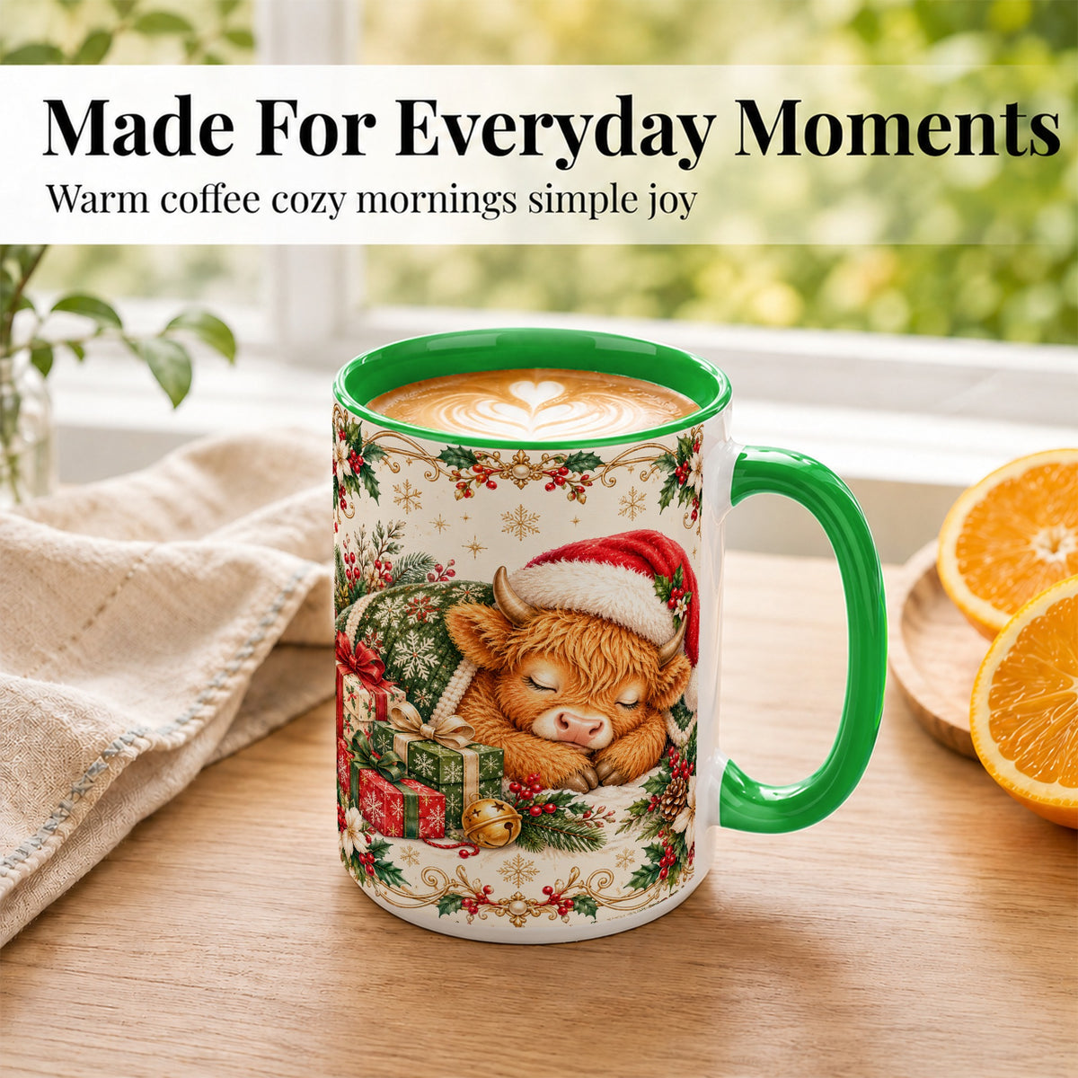 #pl[15oz|Green] Sleeping Highland Cow Coffee Mug, Cozy Christmas Mug, Ceramic Cup