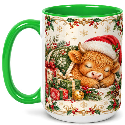#pl[15oz|Green] Sleeping Highland Cow Coffee Mug, Cozy Christmas Mug, Ceramic Cup