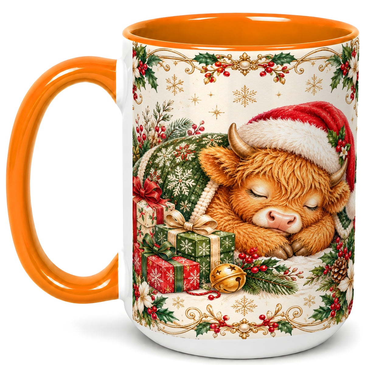 #pl[15oz|Orange] Sleeping Highland Cow Coffee Mug, Cozy Christmas Mug, Ceramic Cup