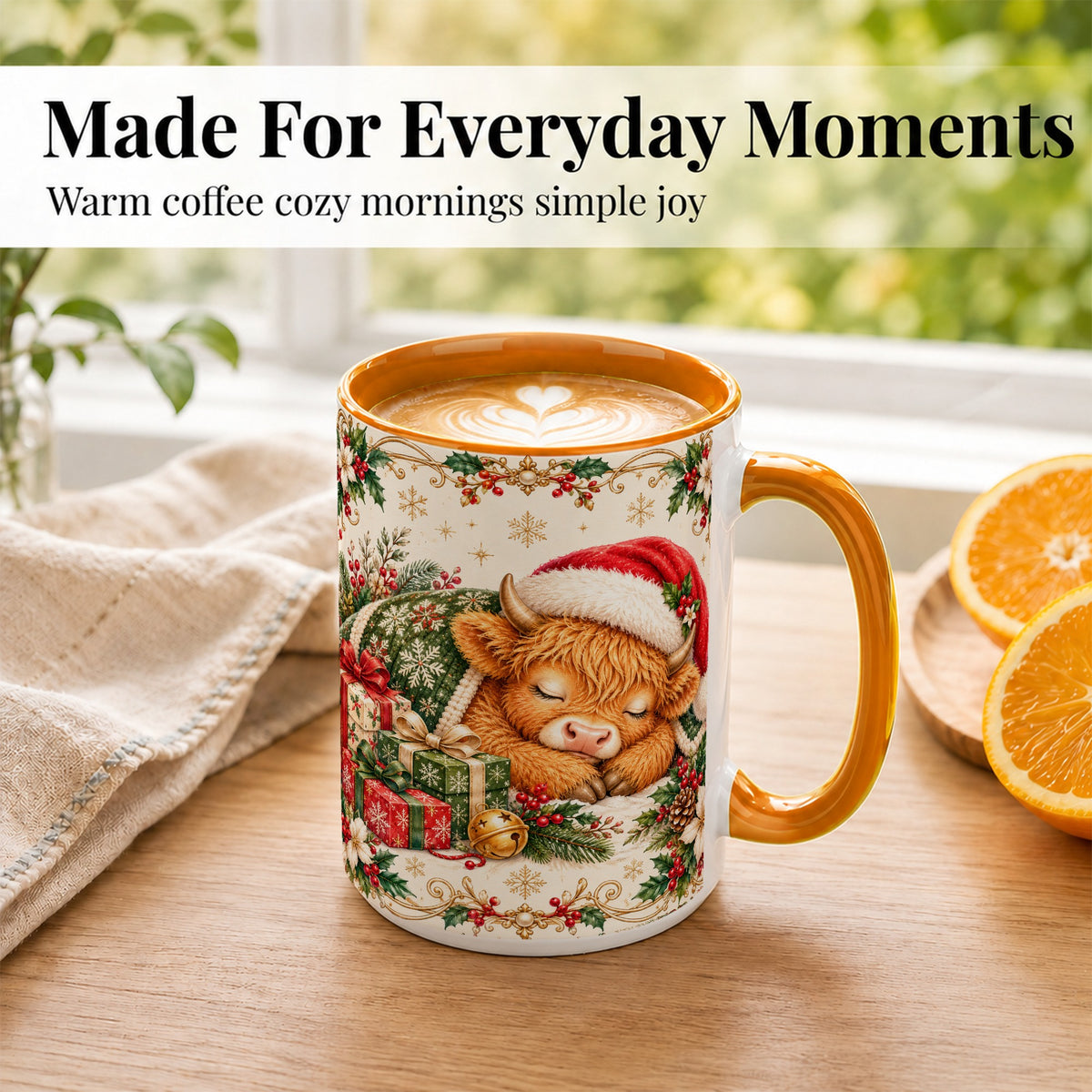 #pl[15oz|Orange] Sleeping Highland Cow Coffee Mug, Cozy Christmas Mug, Ceramic Cup