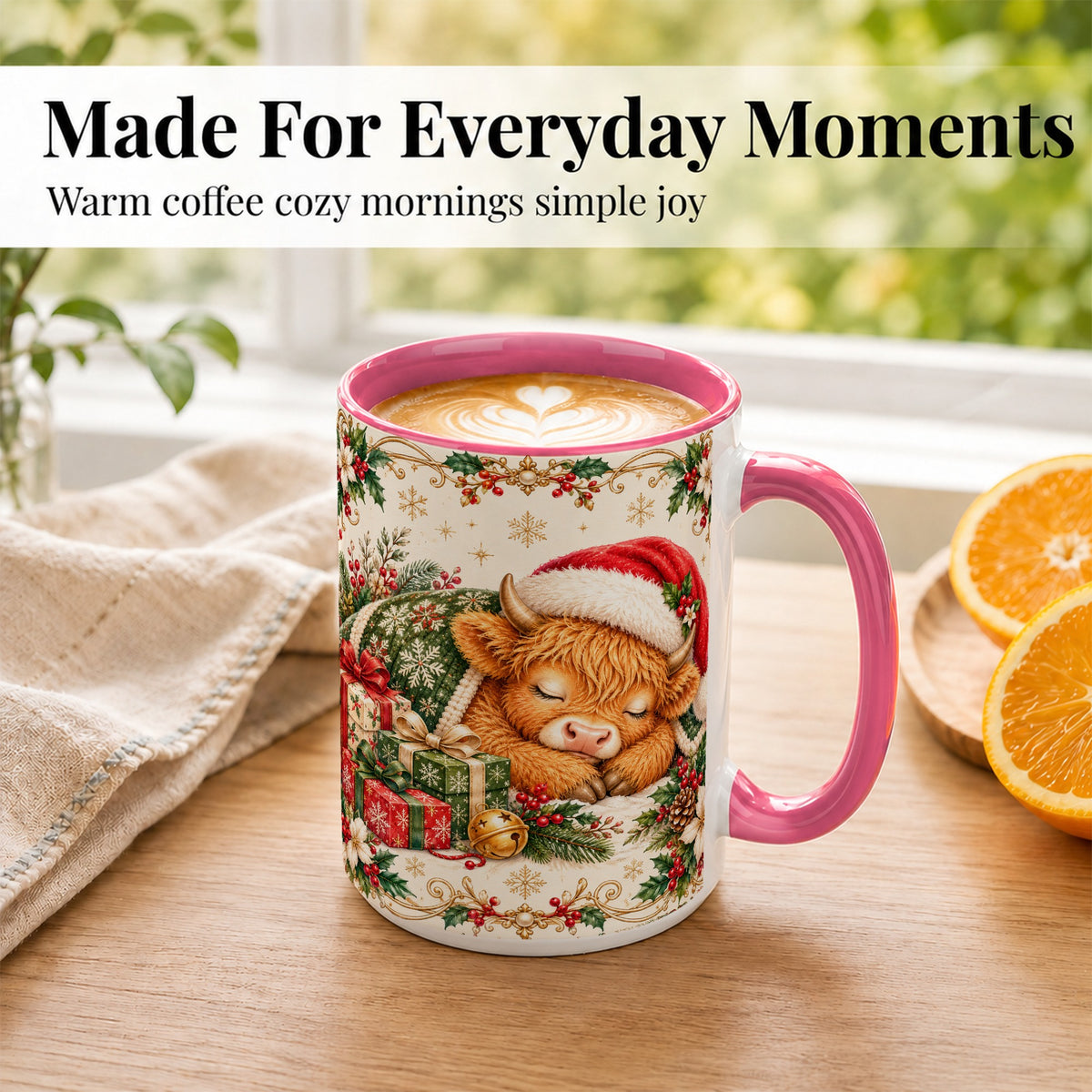 #pl[15oz|Pink] Sleeping Highland Cow Coffee Mug, Cozy Christmas Mug, Ceramic Cup