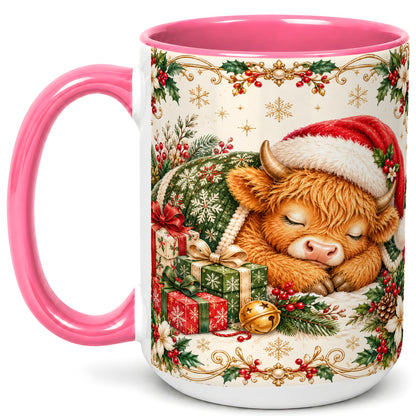 #pl[15oz|Pink] Sleeping Highland Cow Coffee Mug, Cozy Christmas Mug, Ceramic Cup