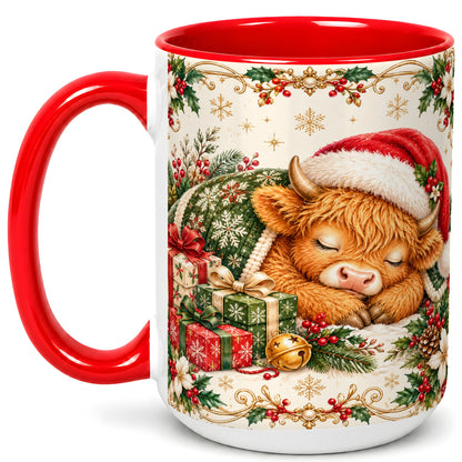 #pl[15oz|Red] Sleeping Highland Cow Coffee Mug, Cozy Christmas Mug, Ceramic Cup