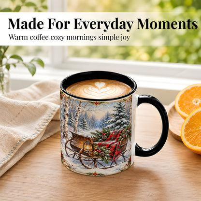 #pl[11oz|Black] Christmas Sleigh Coffee Mug, Winter Woodland Mug, Ceramic Cup