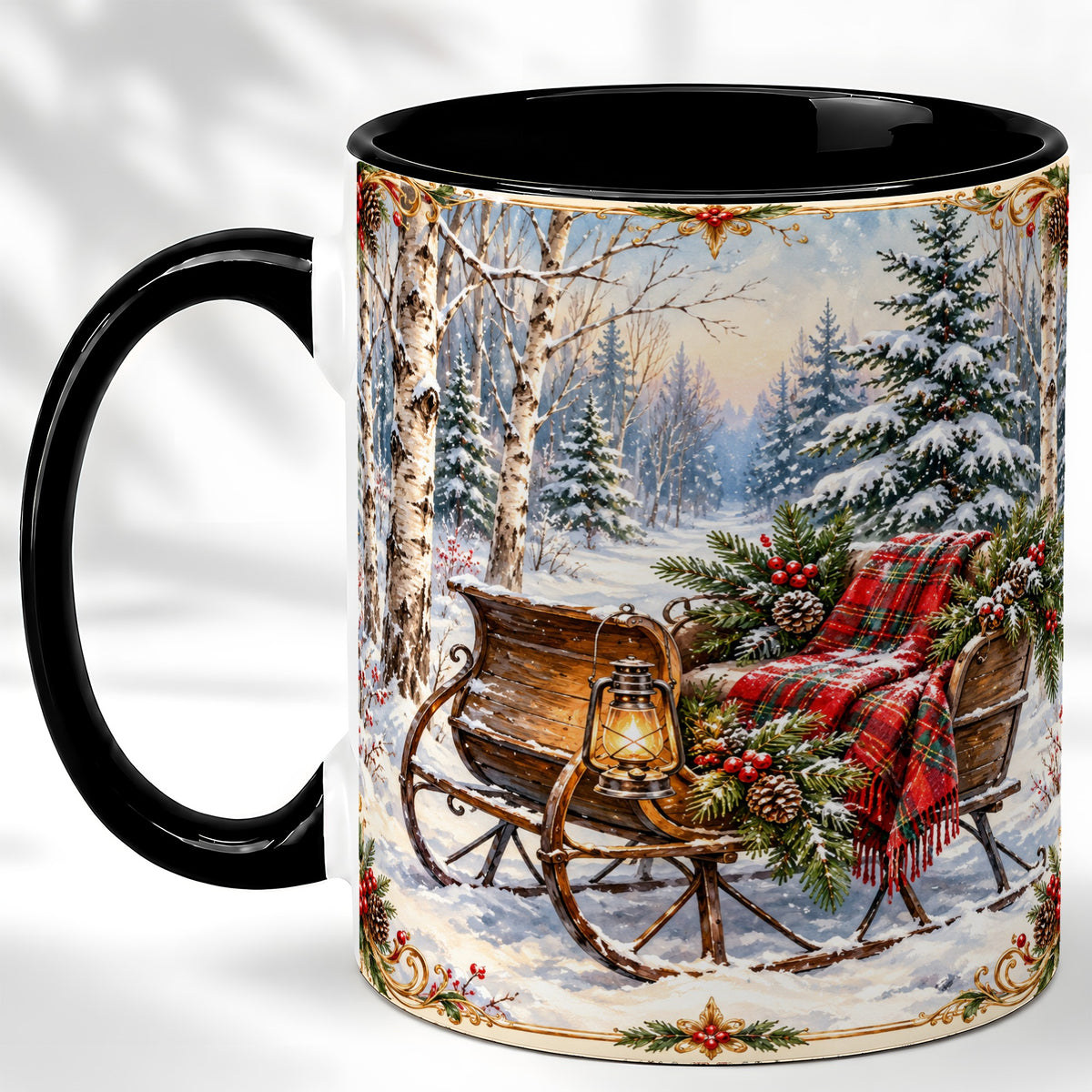 #pl[11oz|Black] Christmas Sleigh Coffee Mug, Winter Woodland Mug, Ceramic Cup
