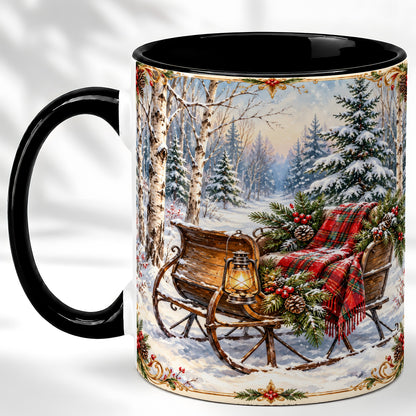 #pl[11oz|Black] Christmas Sleigh Coffee Mug, Winter Woodland Mug, Ceramic Cup