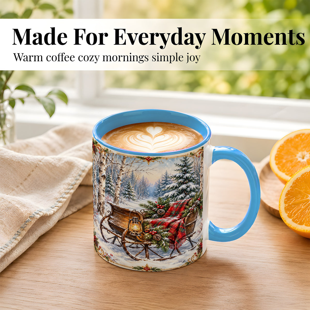 #pl[11oz|Blue] Christmas Sleigh Coffee Mug, Winter Woodland Mug, Ceramic Cup