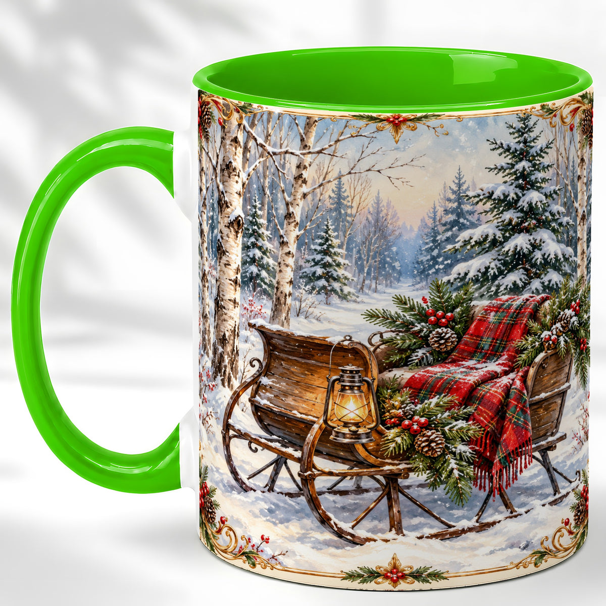 #pl[11oz|Green] Christmas Sleigh Coffee Mug, Winter Woodland Mug, Ceramic Cup