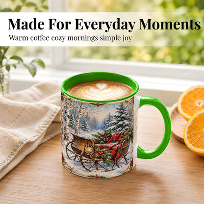 #pl[11oz|Green] Christmas Sleigh Coffee Mug, Winter Woodland Mug, Ceramic Cup