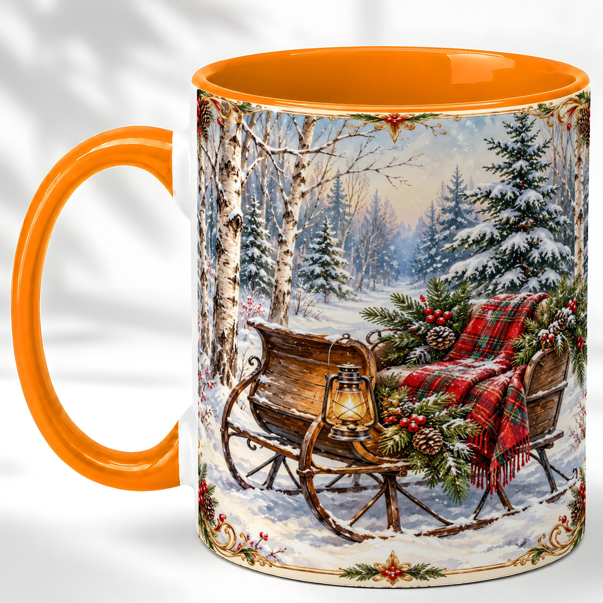 #pl[11oz|Orange] Christmas Sleigh Coffee Mug, Winter Woodland Mug, Ceramic Cup