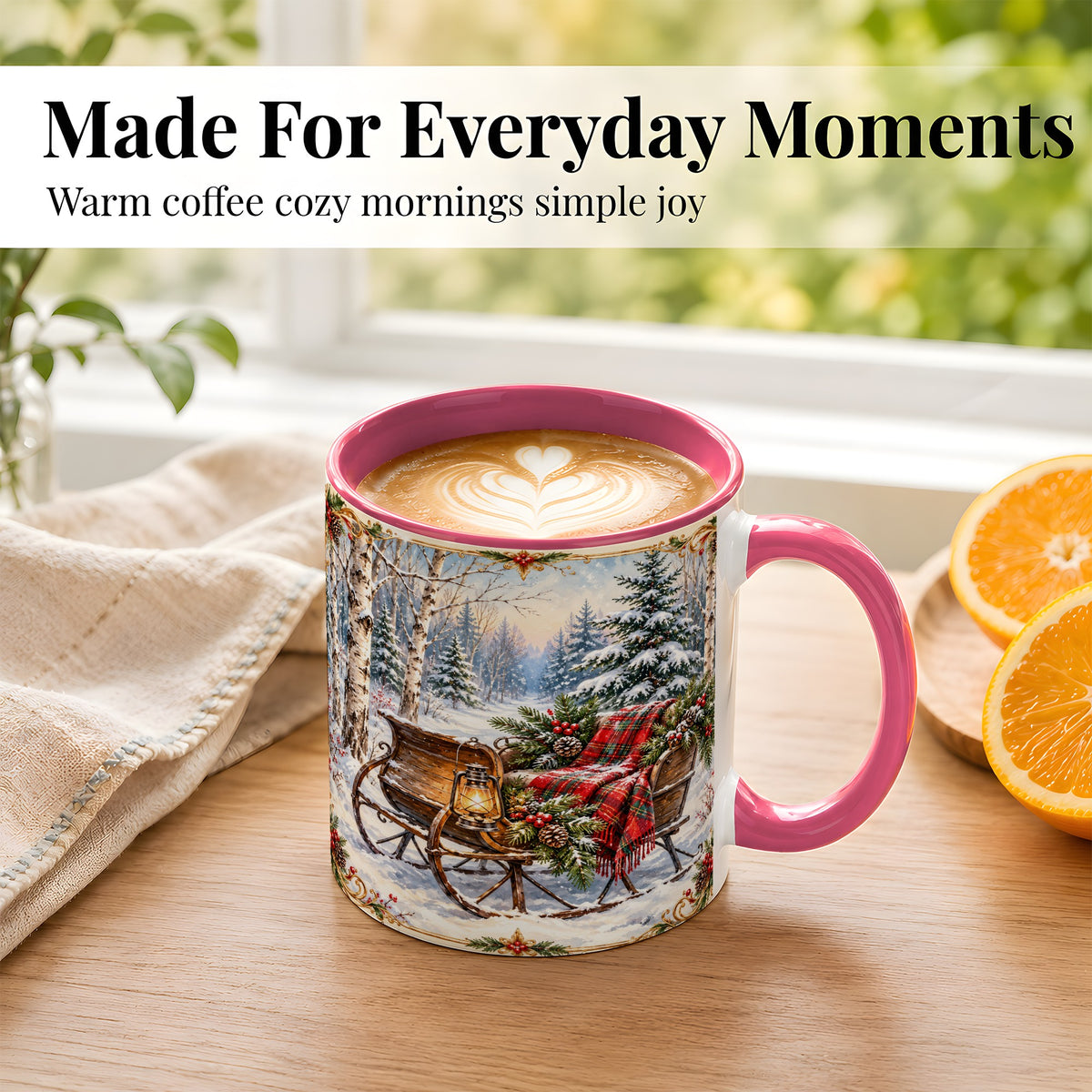 #pl[11oz|Pink] Christmas Sleigh Coffee Mug, Winter Woodland Mug, Ceramic Cup